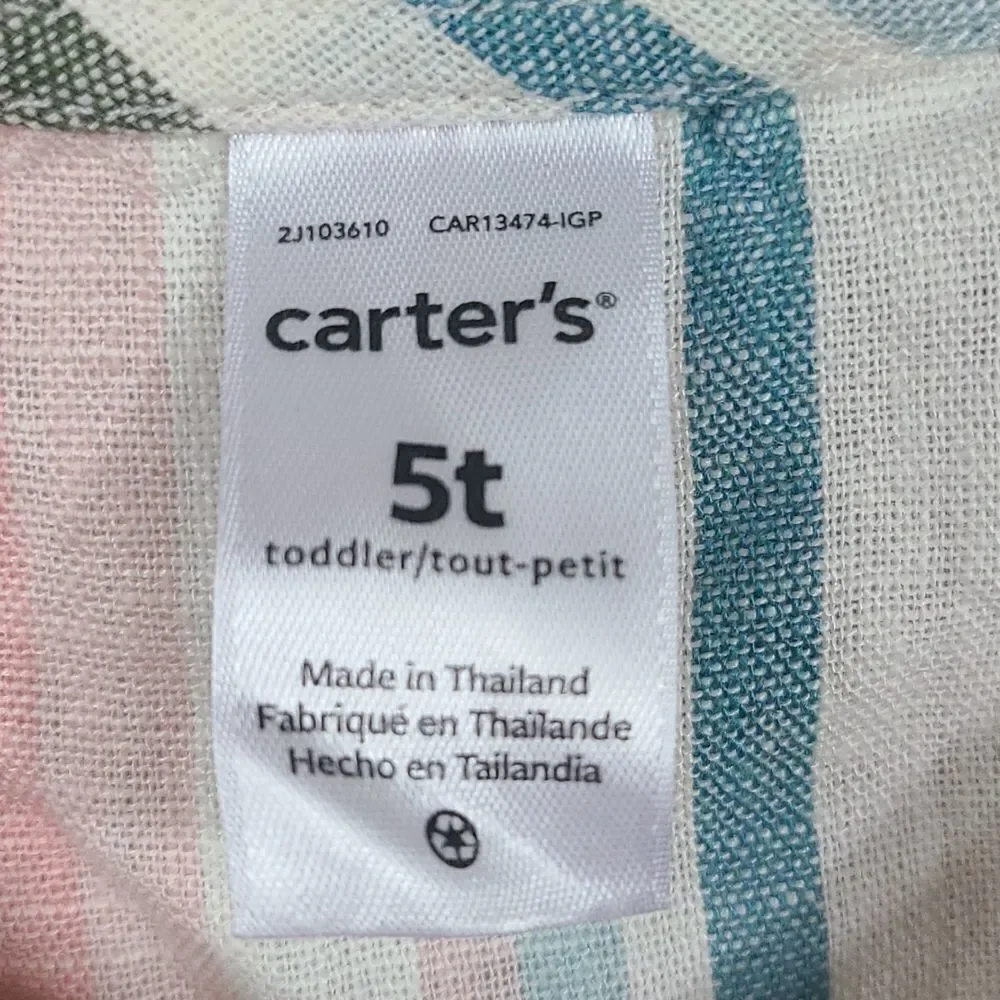 Carter's Girls 5T Linen Stripe Casual Top Long Sleeve Blouse Pink/Green/Blue